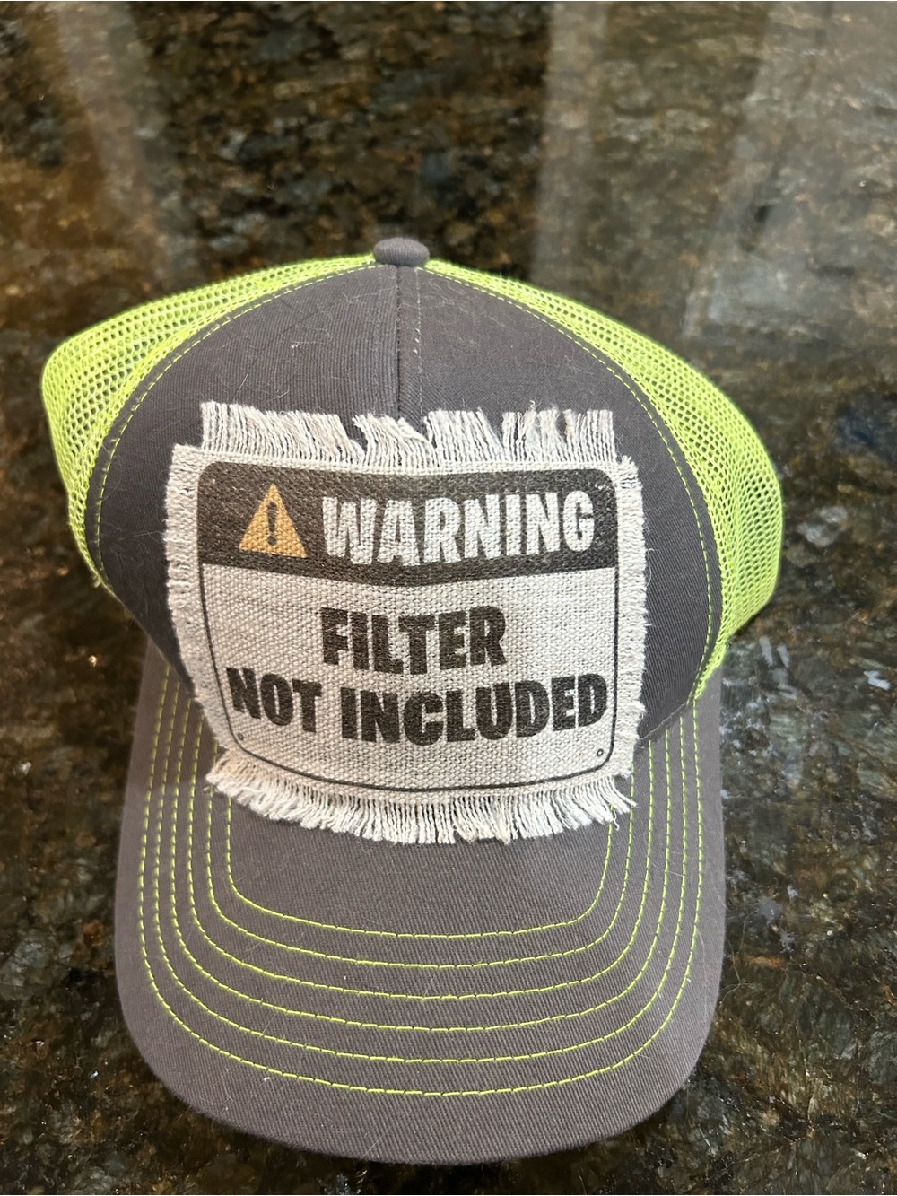 Women's Gray and Neon Green Mesh Trucker Hat - WARNING Patch